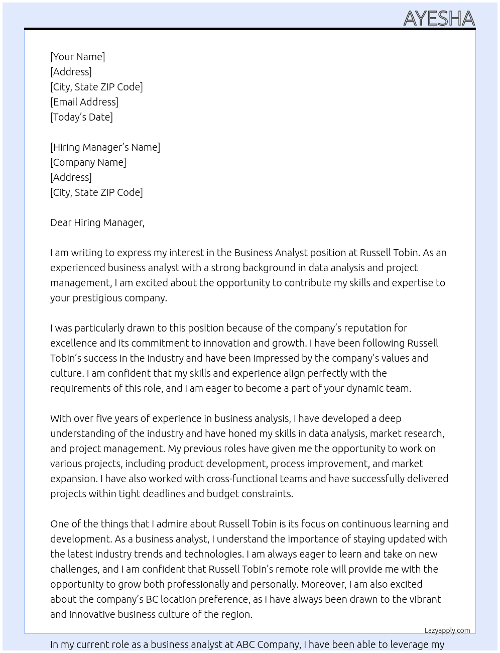 Business Analyst At Russell Tobin Cover Letter