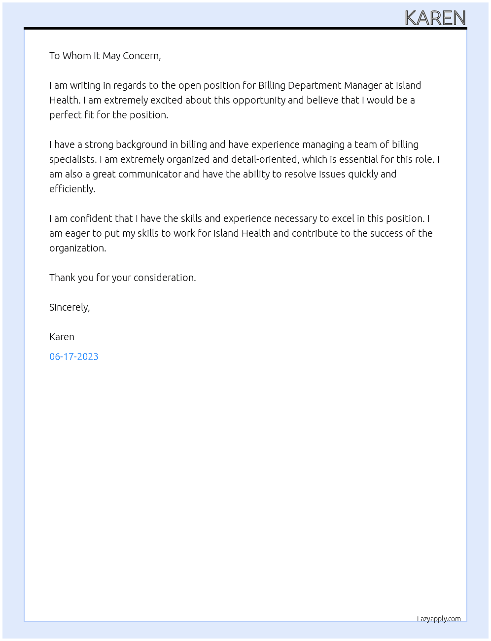 Billing At Island Health Cover Letter