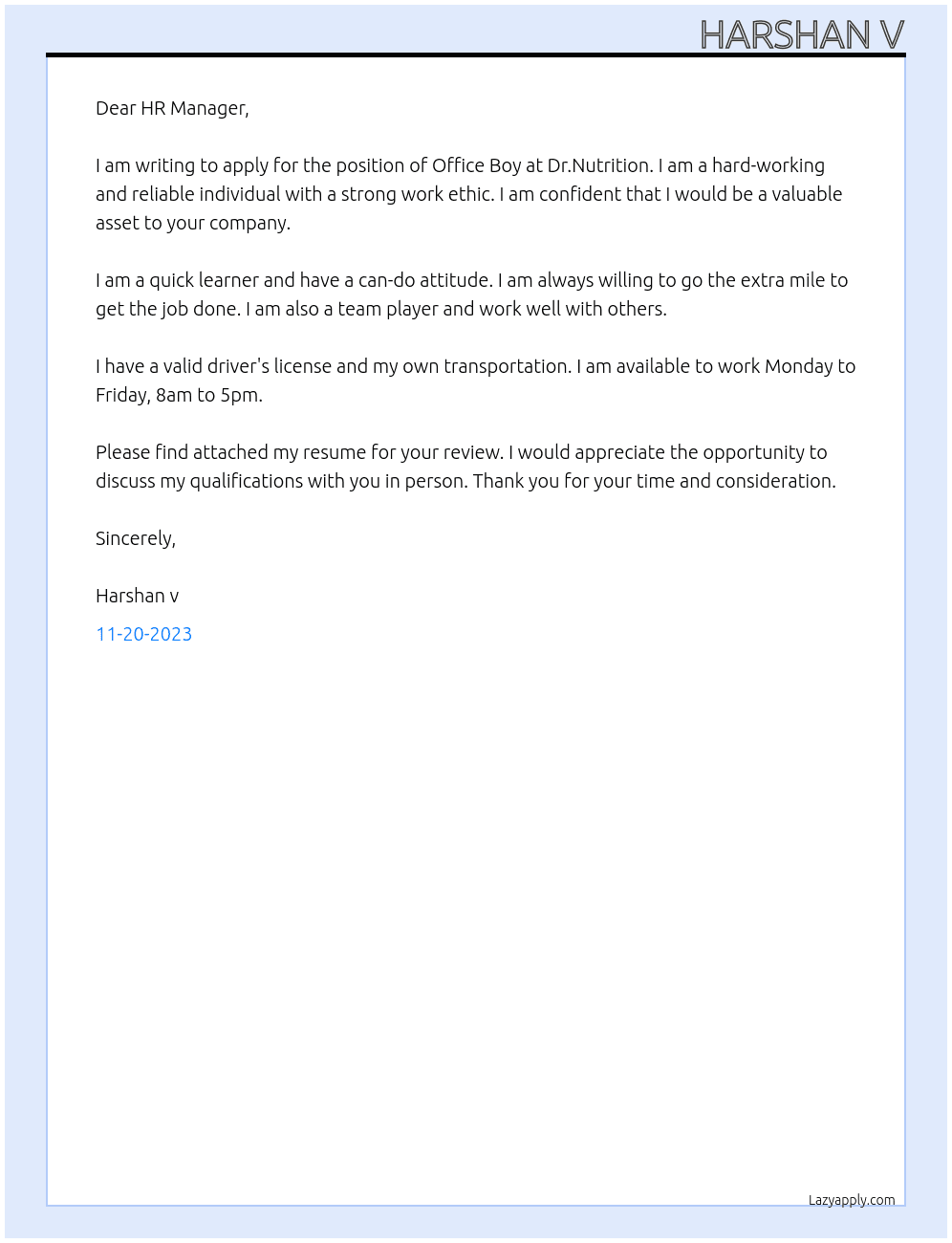 Office Boy  At Dr.Nutrition Cover Letter