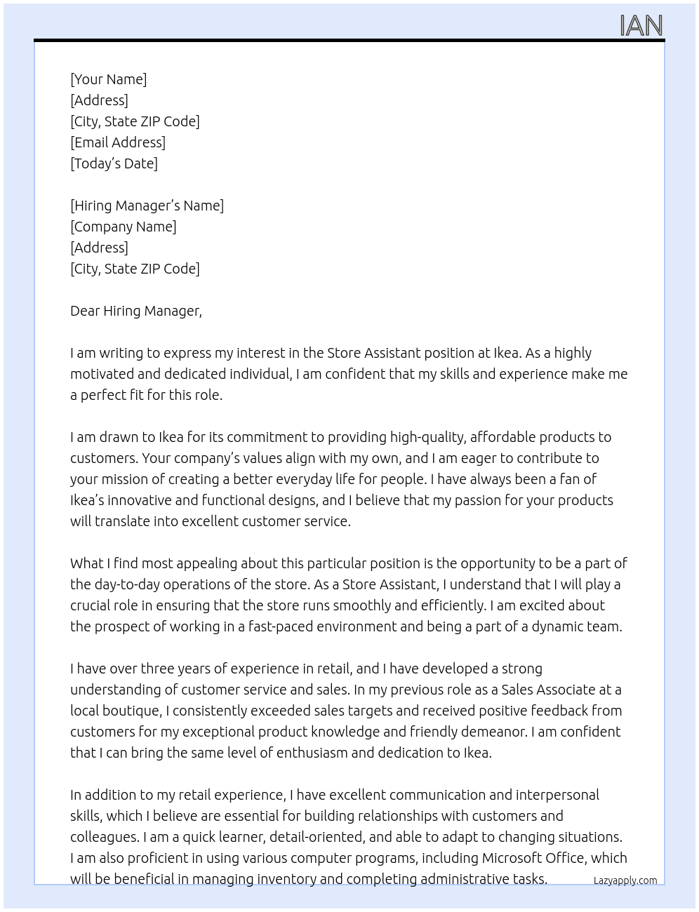 Store assistant  At Ikea Cover Letter