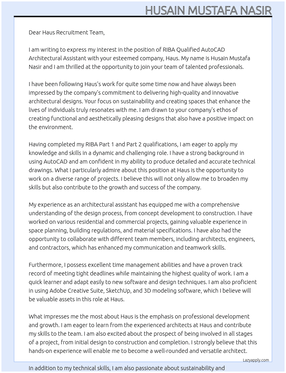 RIBA Qualified AutoCAD Architectural Assistant At Haus Cover Letter