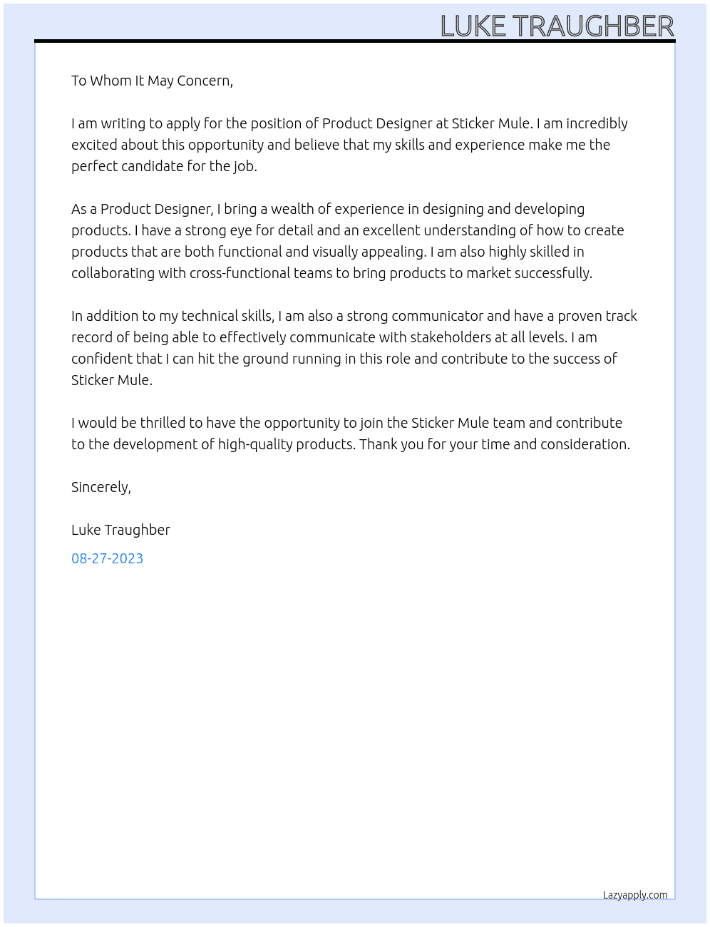 Product Designer At Sticker Mule Cover Letter