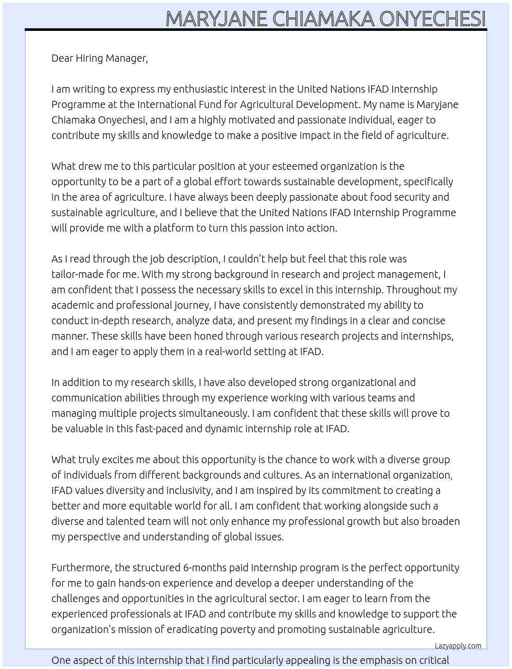 United Nations IFAD Internship Programme At International Fund for Agricultural Development Cover Letter