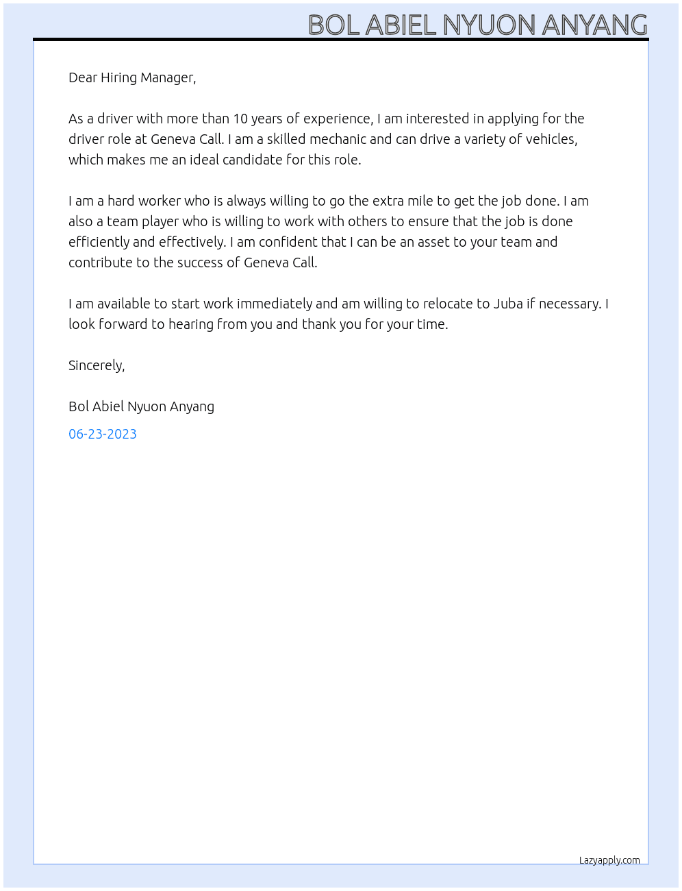Driver  At Geneva Call  Cover Letter