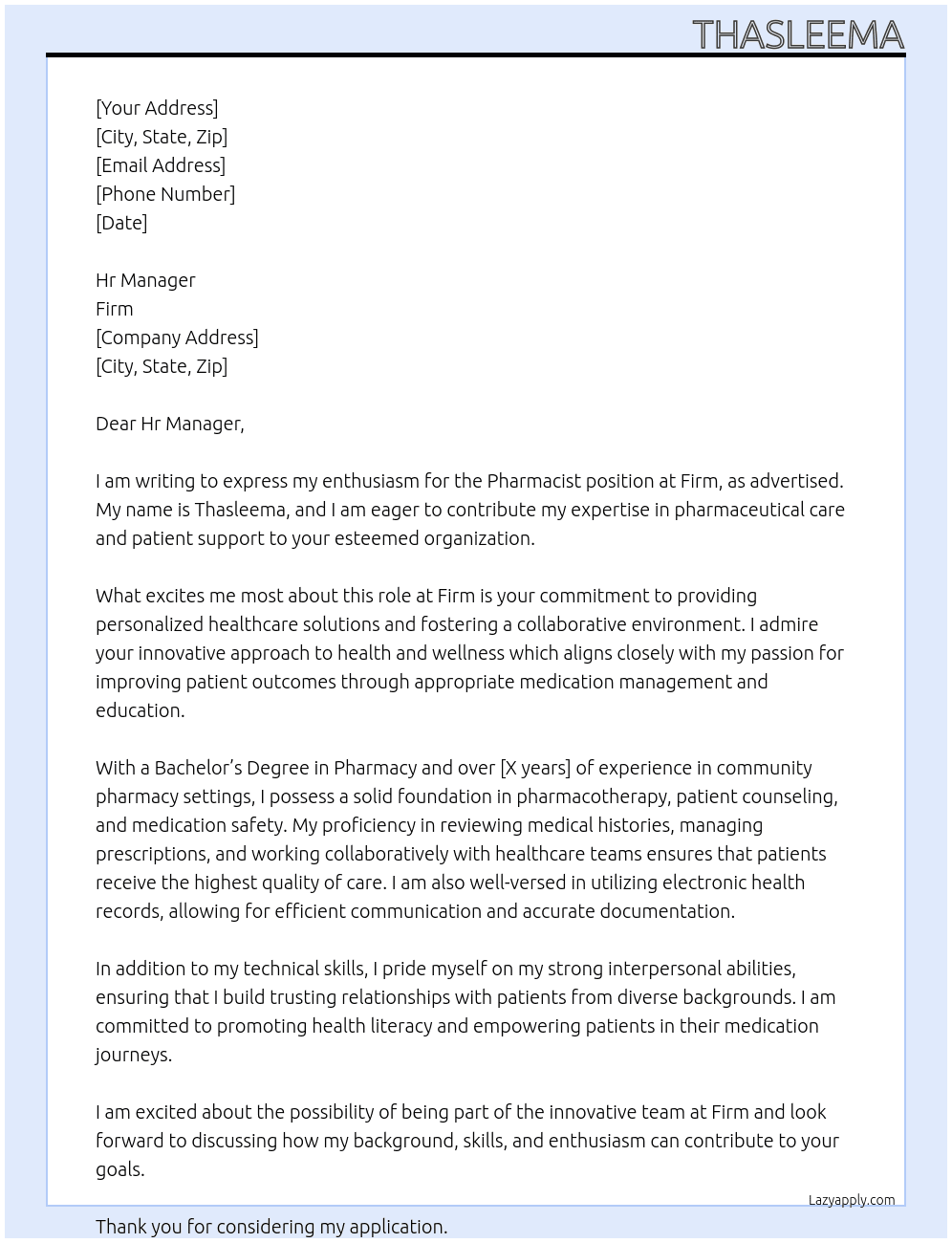 pharmacist At firm Cover Letter