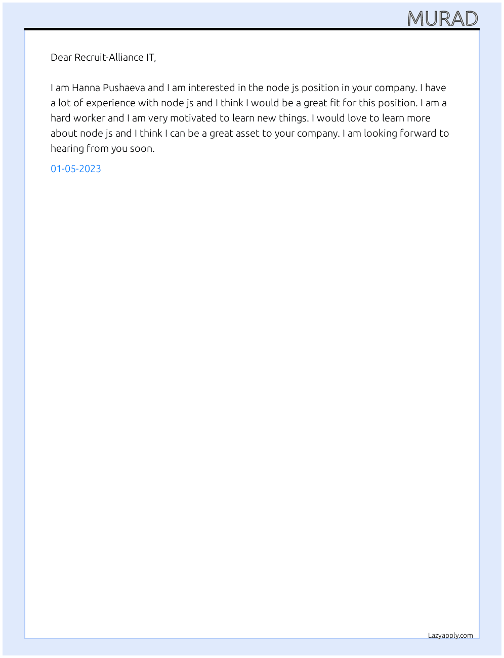 node js At  Recruit-Alliance IT Cover Letter