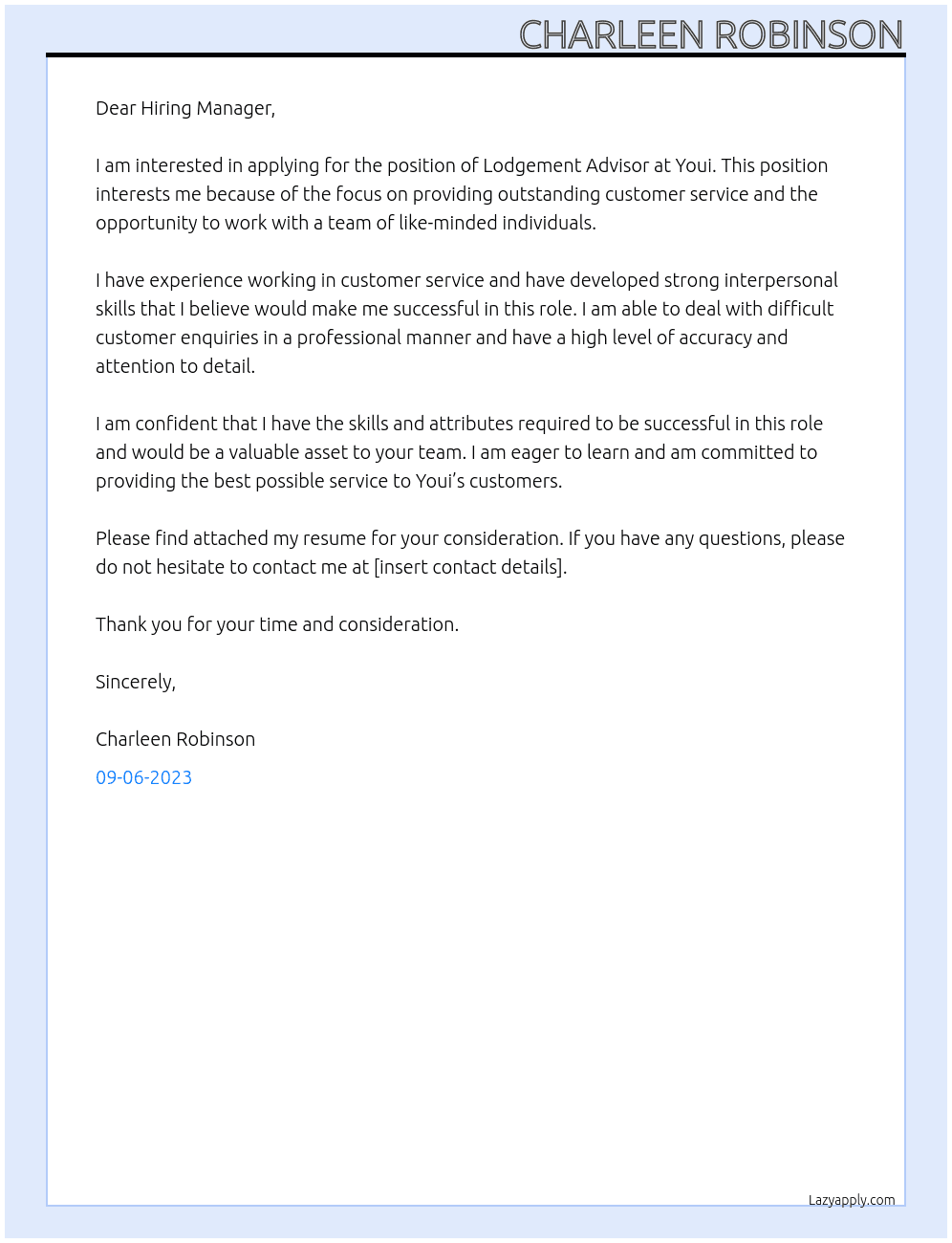 Lodgement Advisor  At Youi Cover Letter