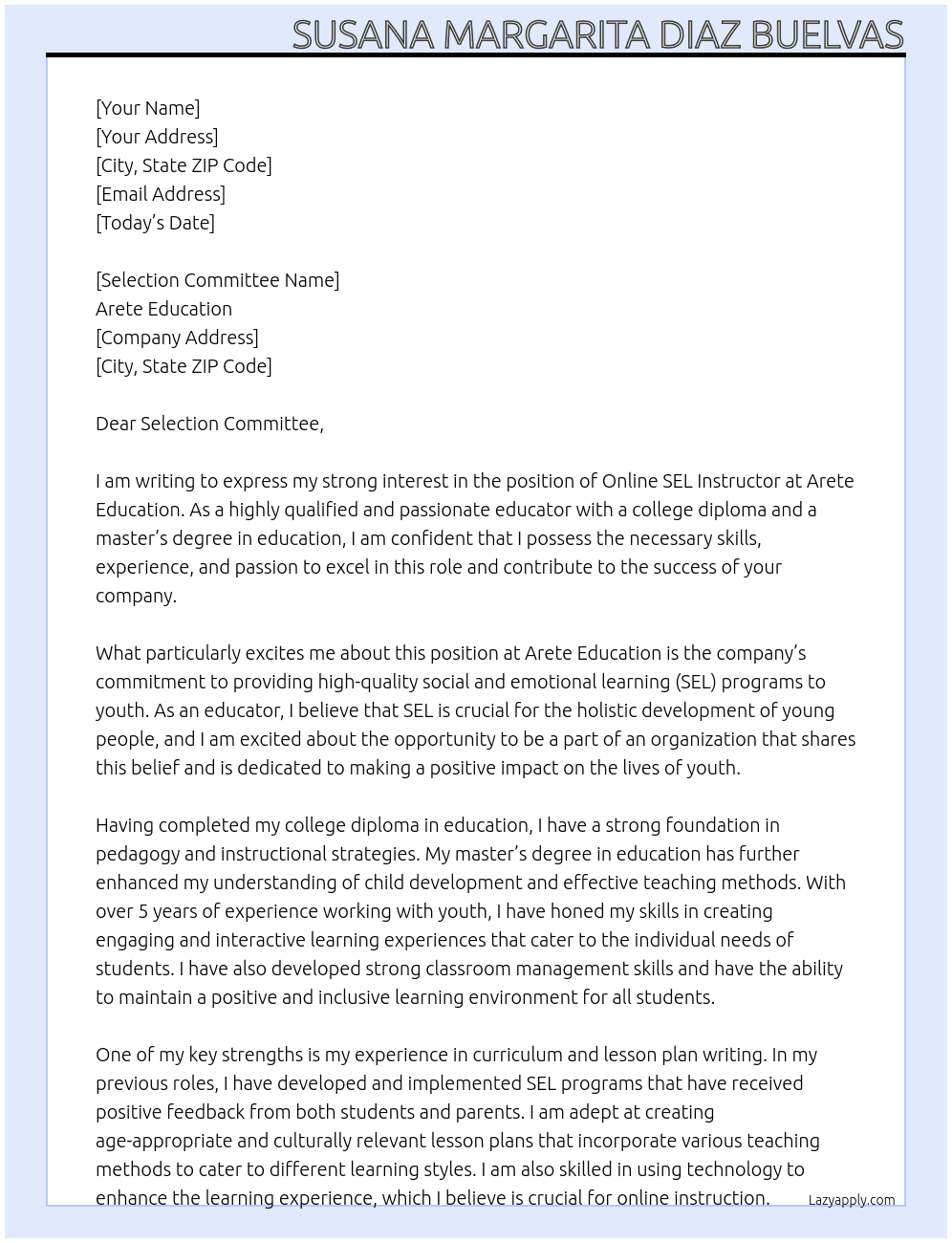 Online SEL Instructor At Arete Education Cover Letter