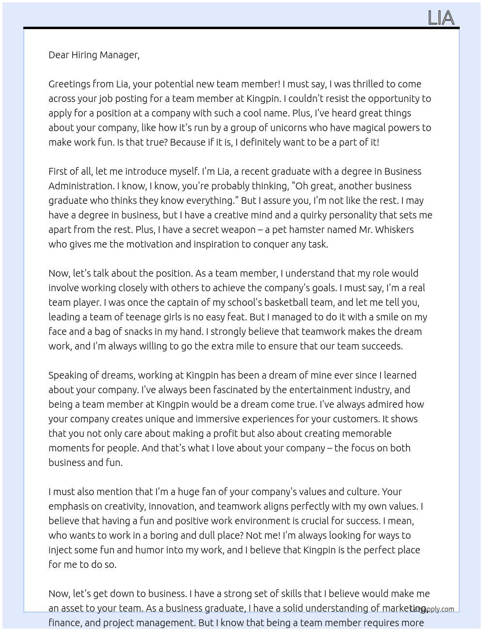 team member At Kingpin Cover Letter