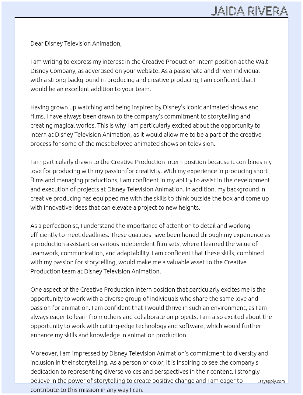 Creative Production Intern At Walt Disney Company Cover Letter