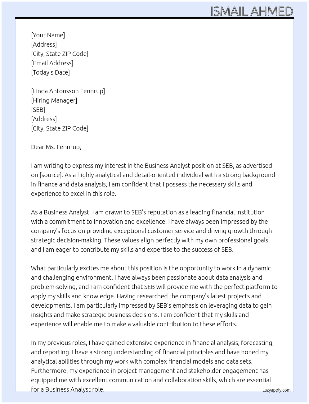 Business analyust At SEB Cover Letter