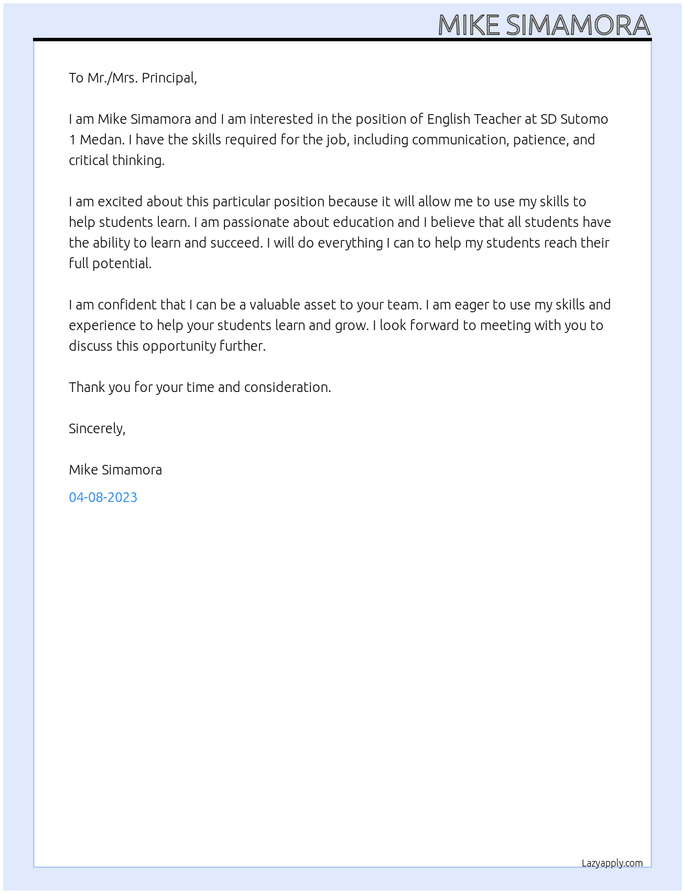 English Teacher At SD Sutomo 1 Medan Cover Letter