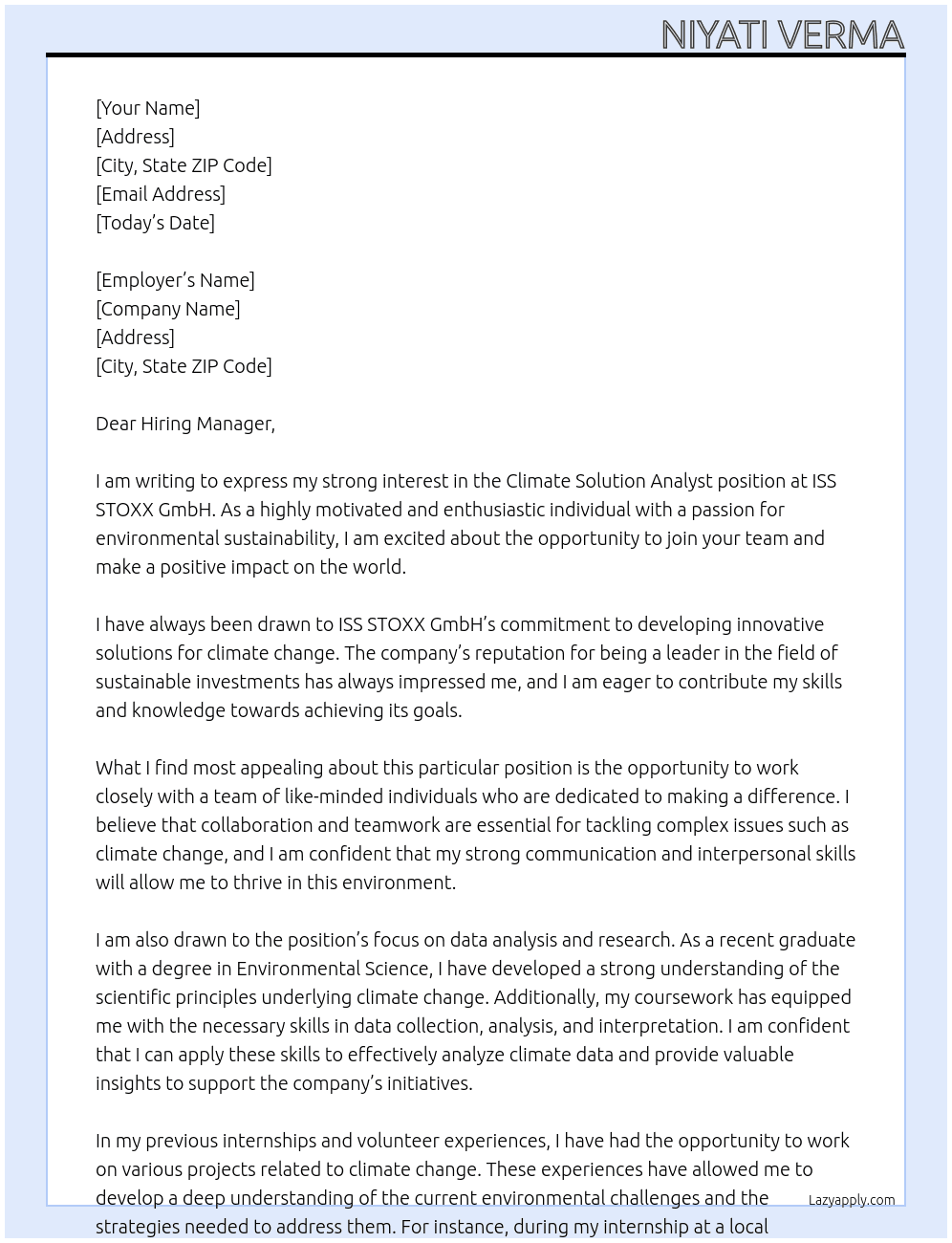 climate solution analyst At ISS STOXX GmbH Cover Letter