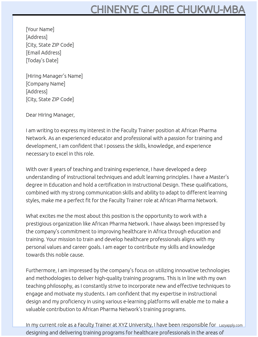 Faculty trainer At African Pharma Network Cover Letter