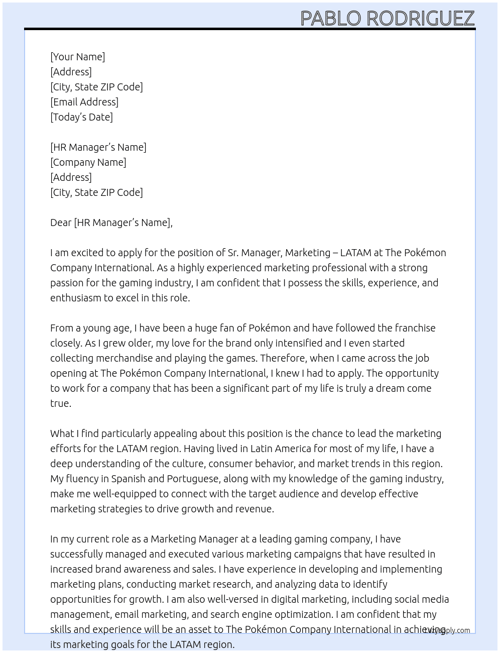 Sr. Manager, Marketing – LATAM At The Pokémon Company International Cover Letter