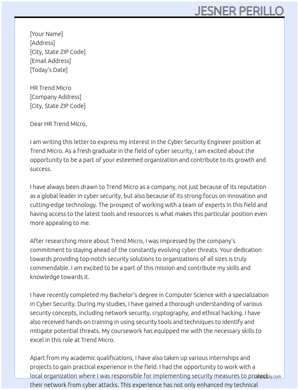 Cyber Security Engineer (Pooling for Fresh Graduates) At Trend Micro Cover Letter
