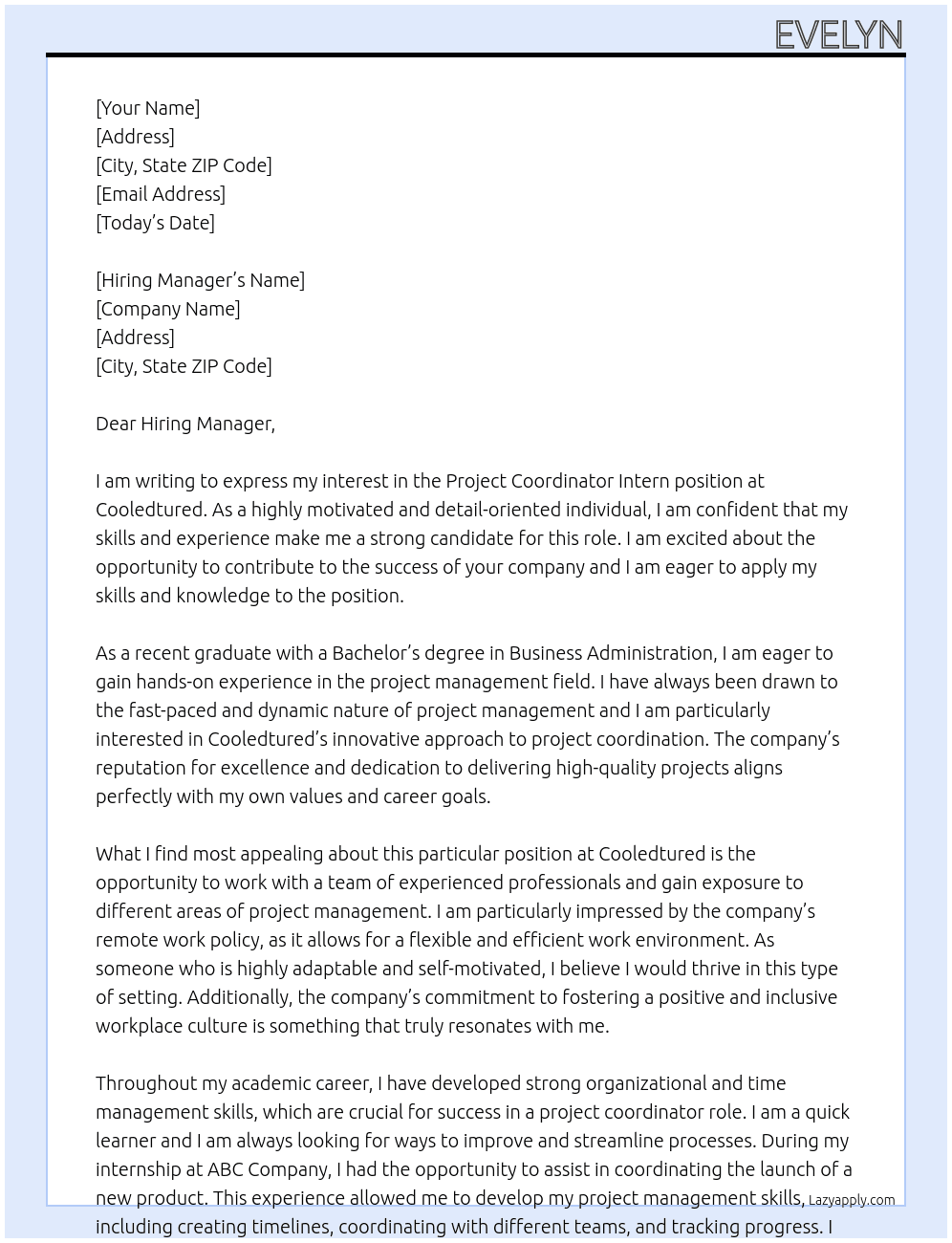 Project Coordinator Intern position At Cooledtured Cover Letter
