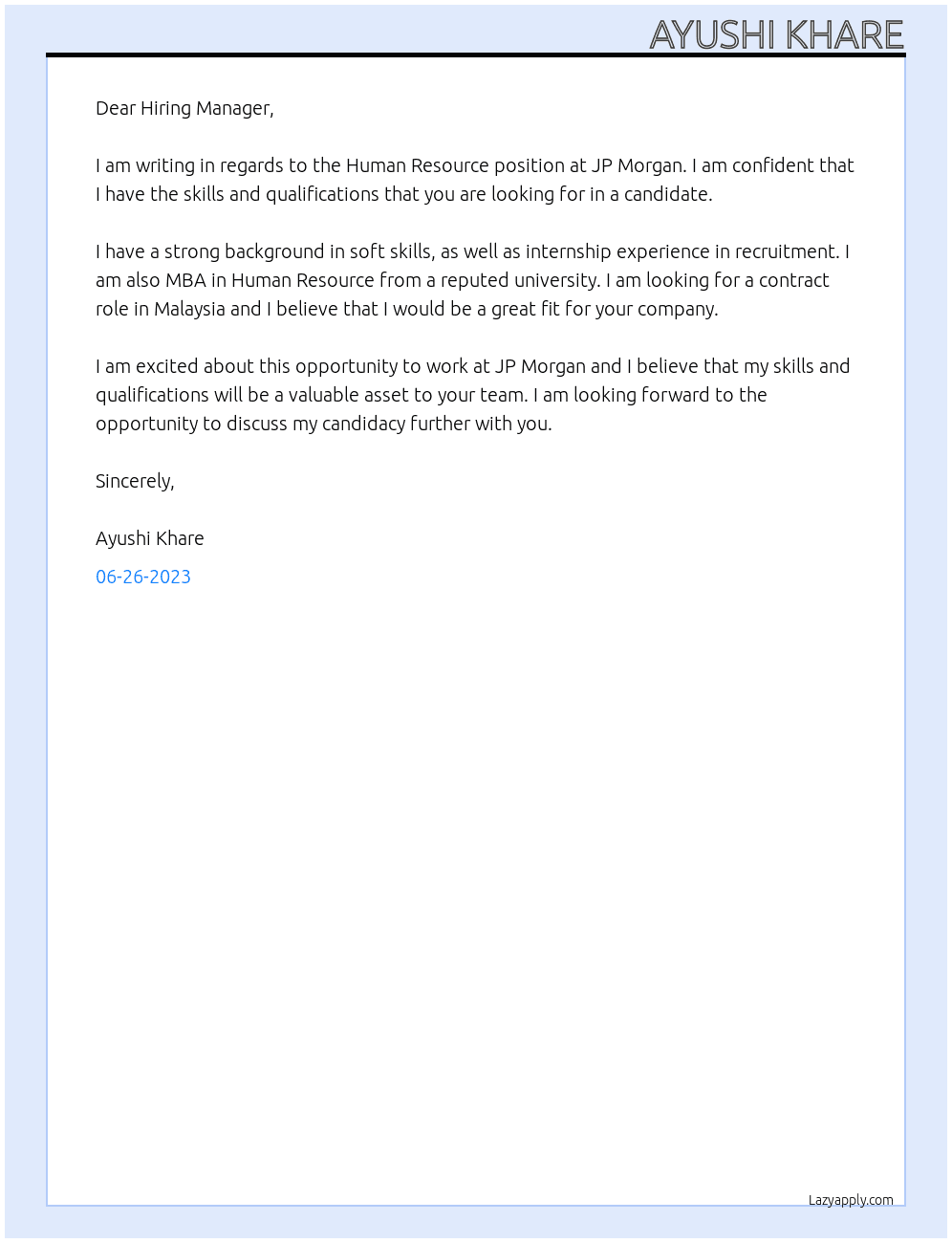 Human Resource  At JP Morgan Cover Letter