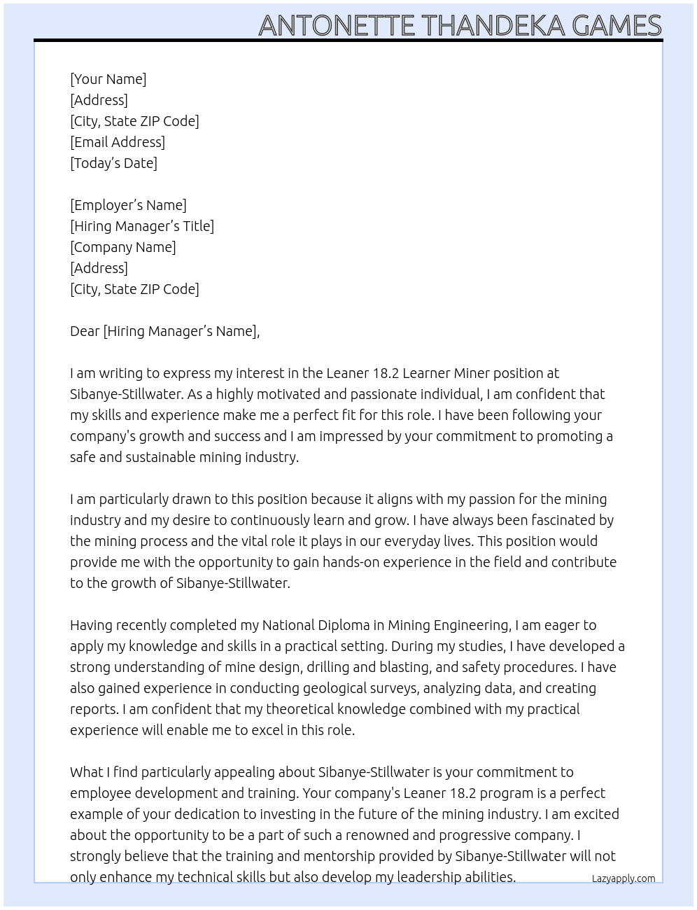 Leaner 18.2 Learner Miner At Sibanye - Stillwater Cover Letter