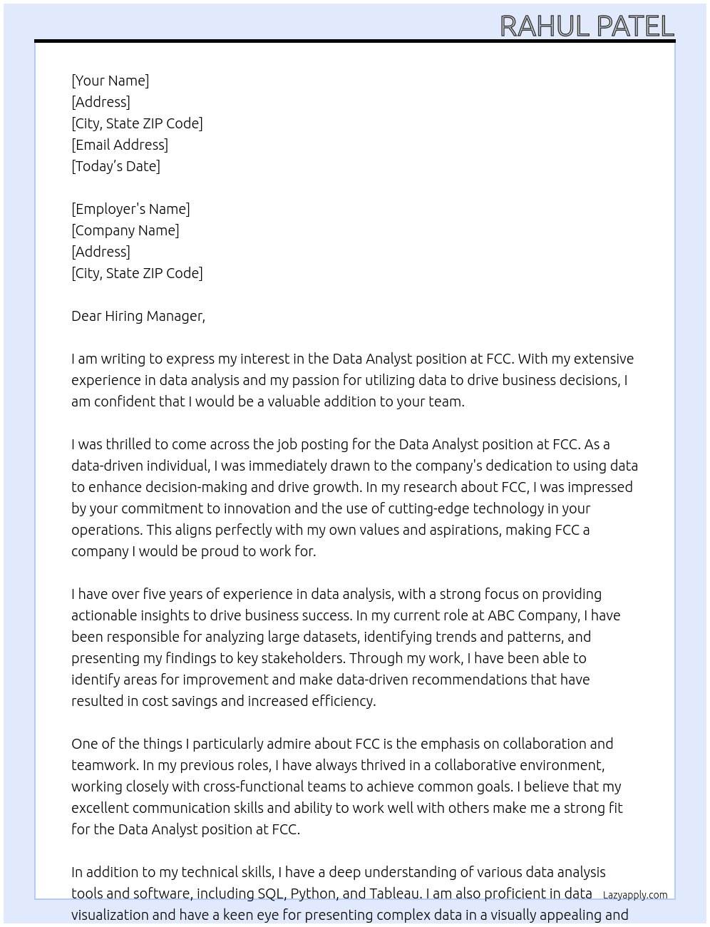 Data Analyst At FCC Cover Letter