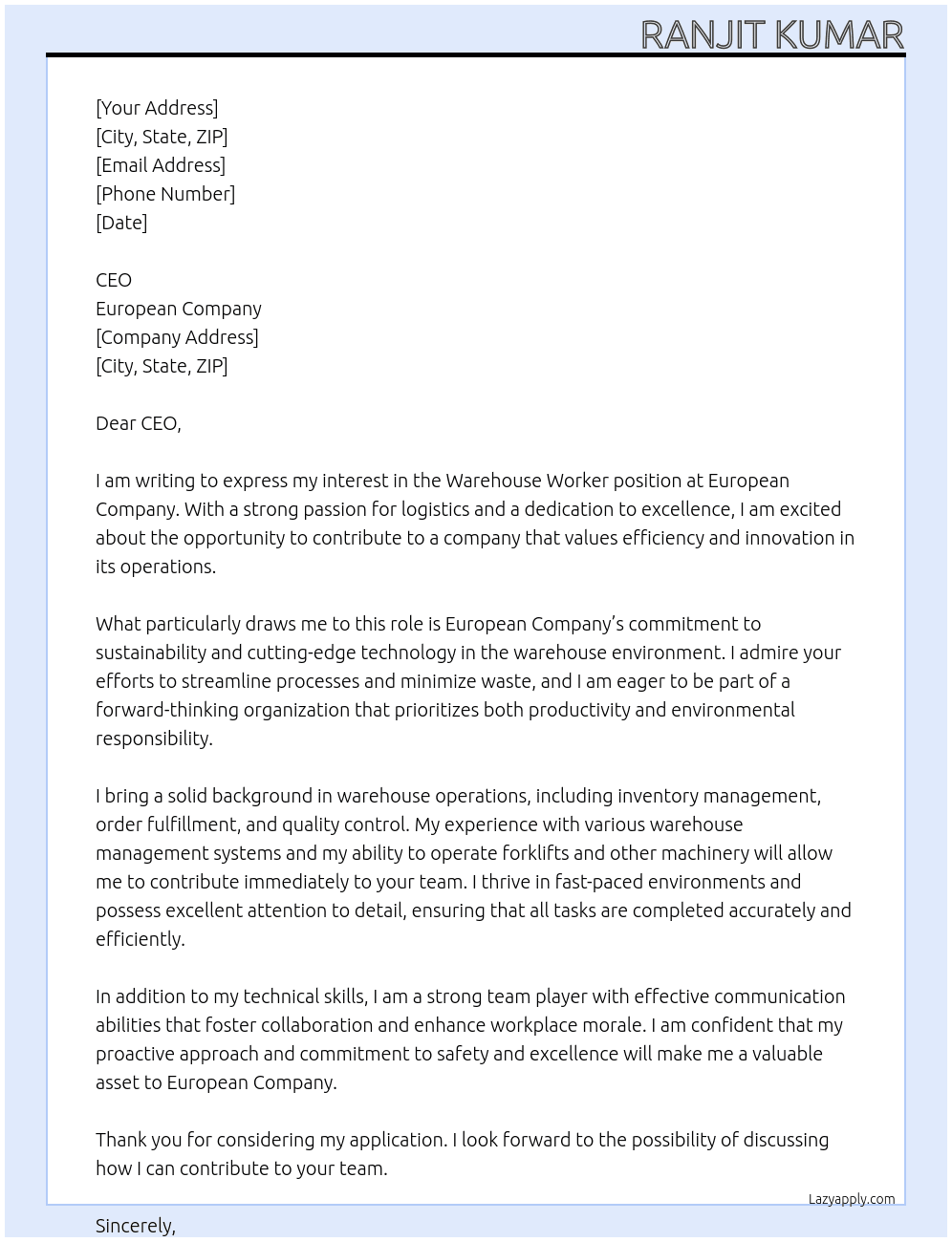 Wearhouse worker At European company Cover Letter