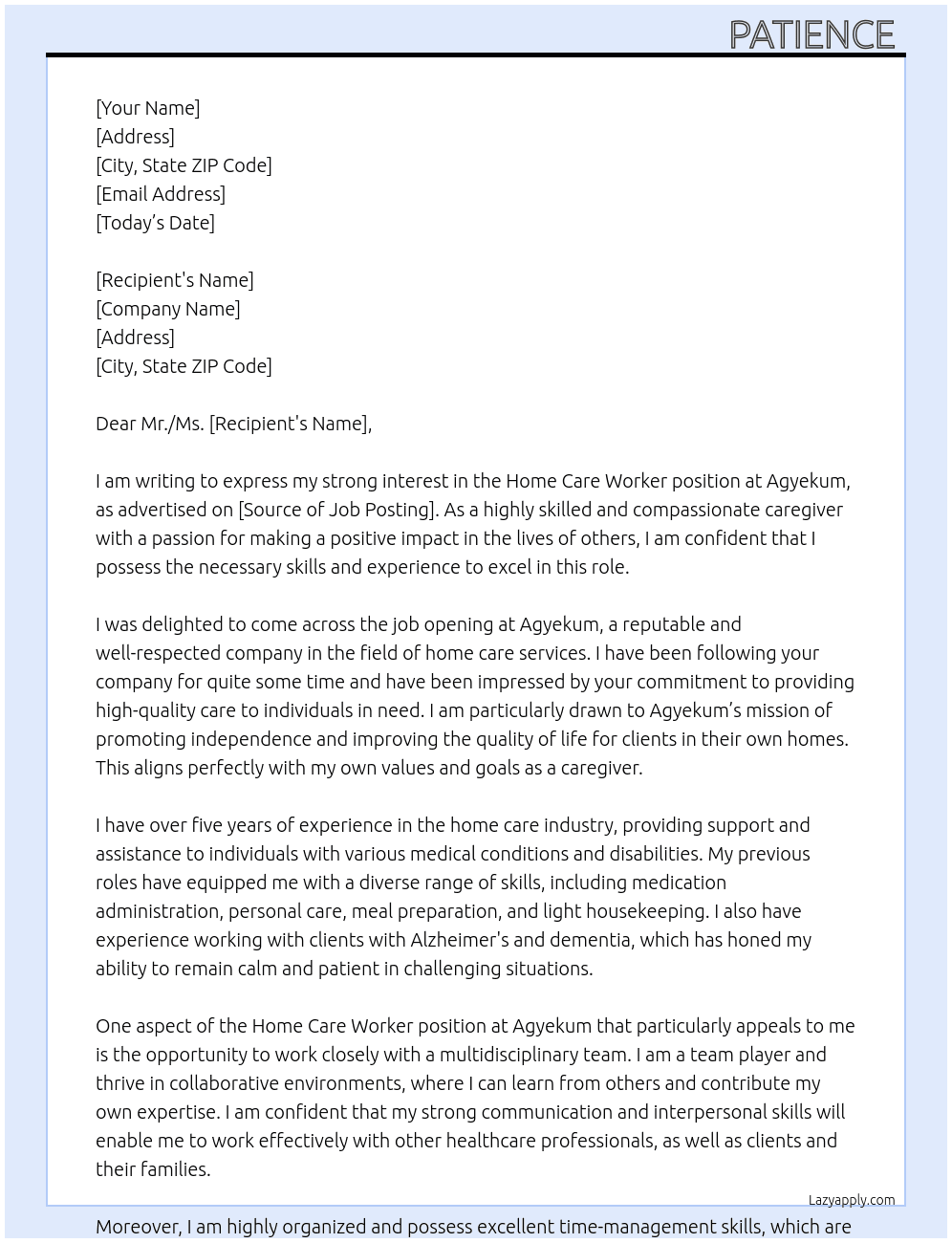 Home care worker At Agyekum  Cover Letter