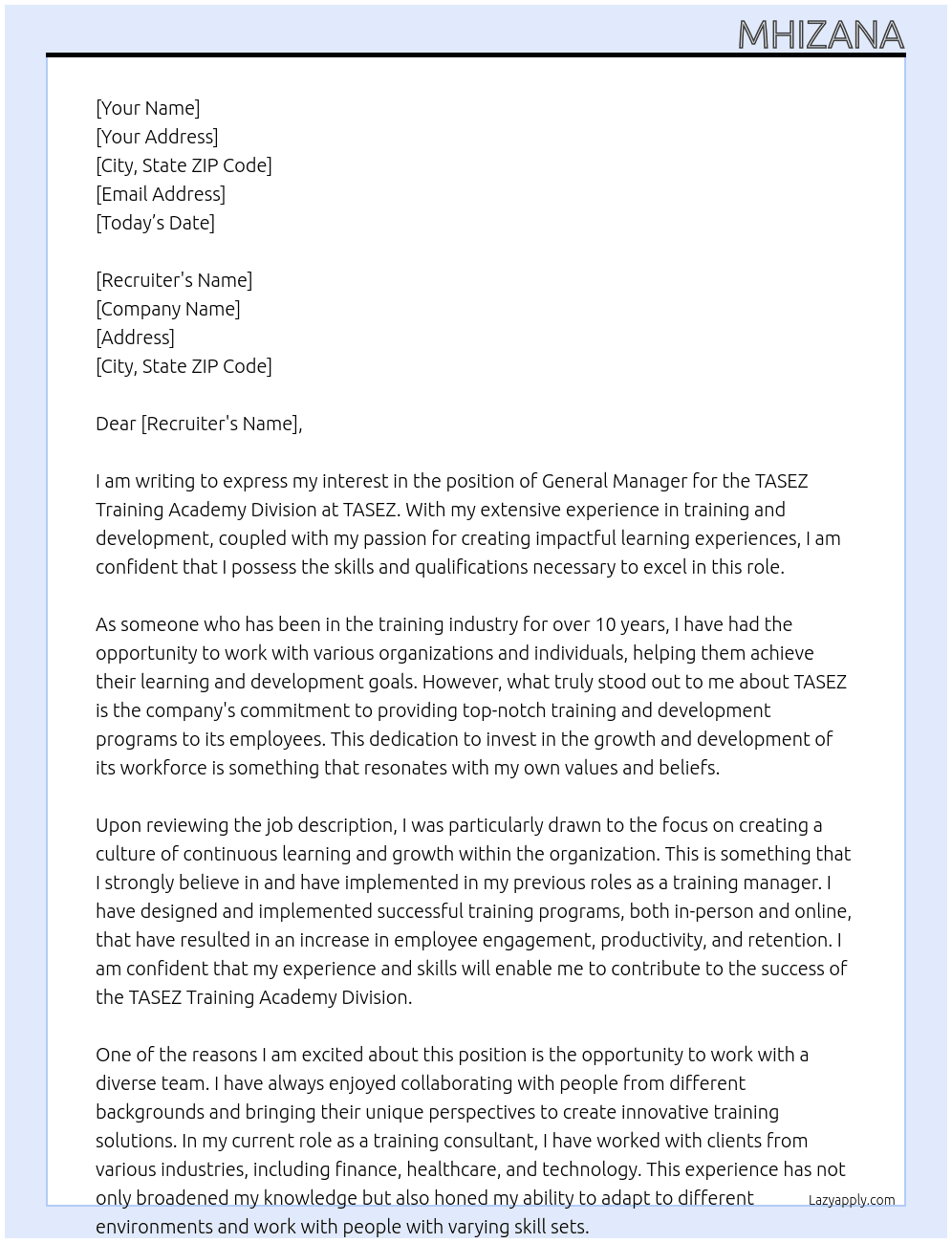 GENERAL MANAGER: TASEZ TRAINING ACADEMY DIVISION  At TASEZ Cover Letter