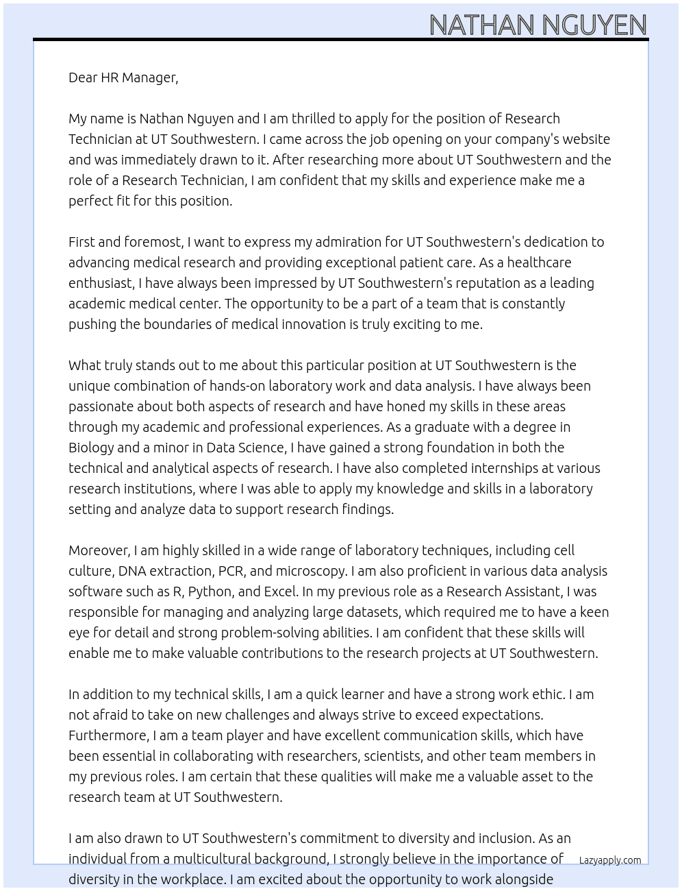 Research Technician At UT Southwestern Cover Letter