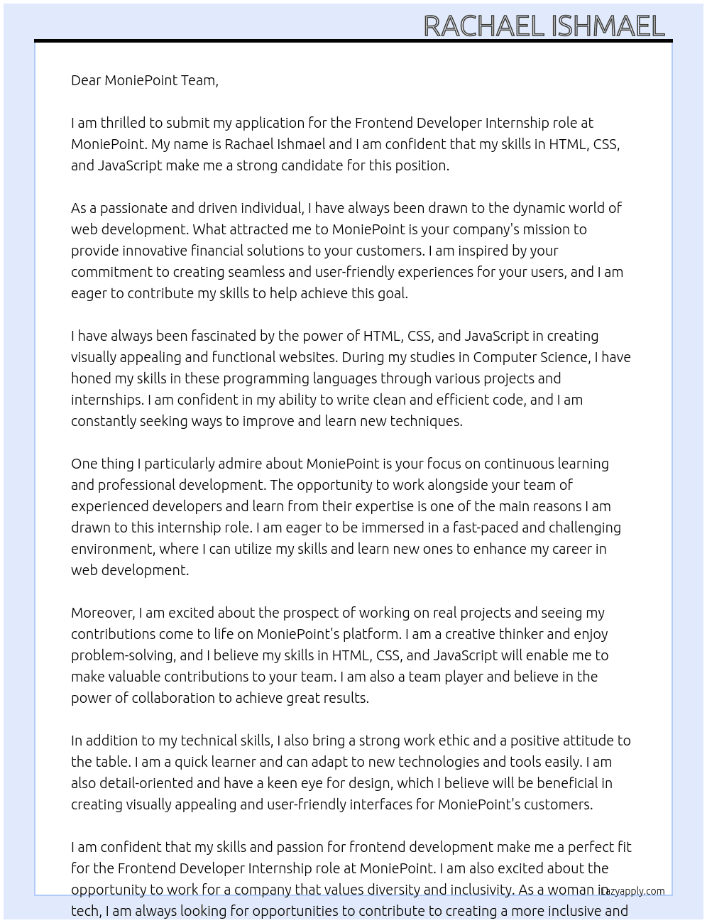Frontend Developer At MoniePoint  Cover Letter