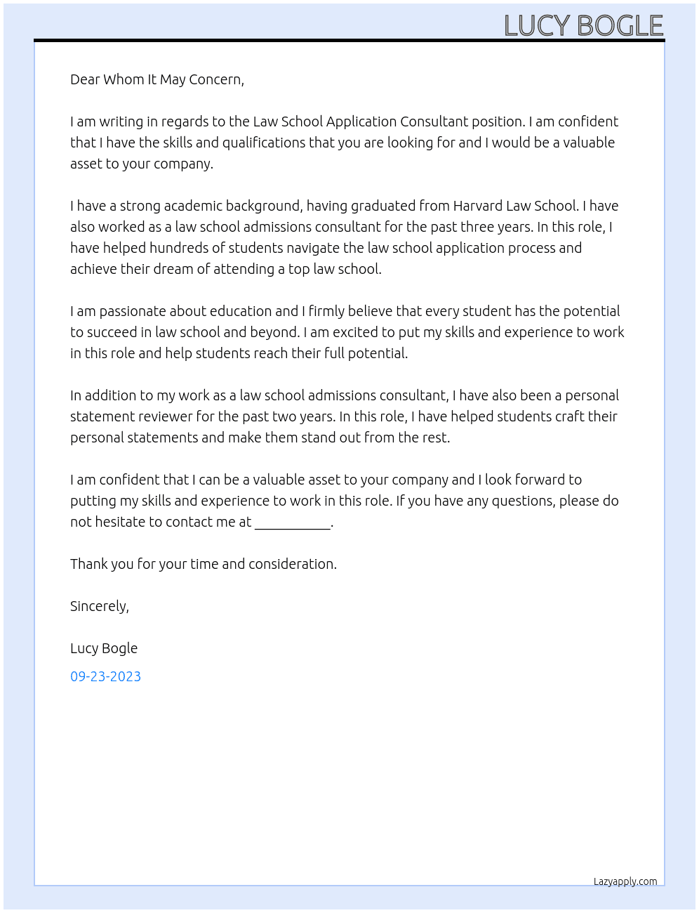 Law School Application Consultant At Personal Statement Reviewer & Law School Application Consultant  Cover Letter