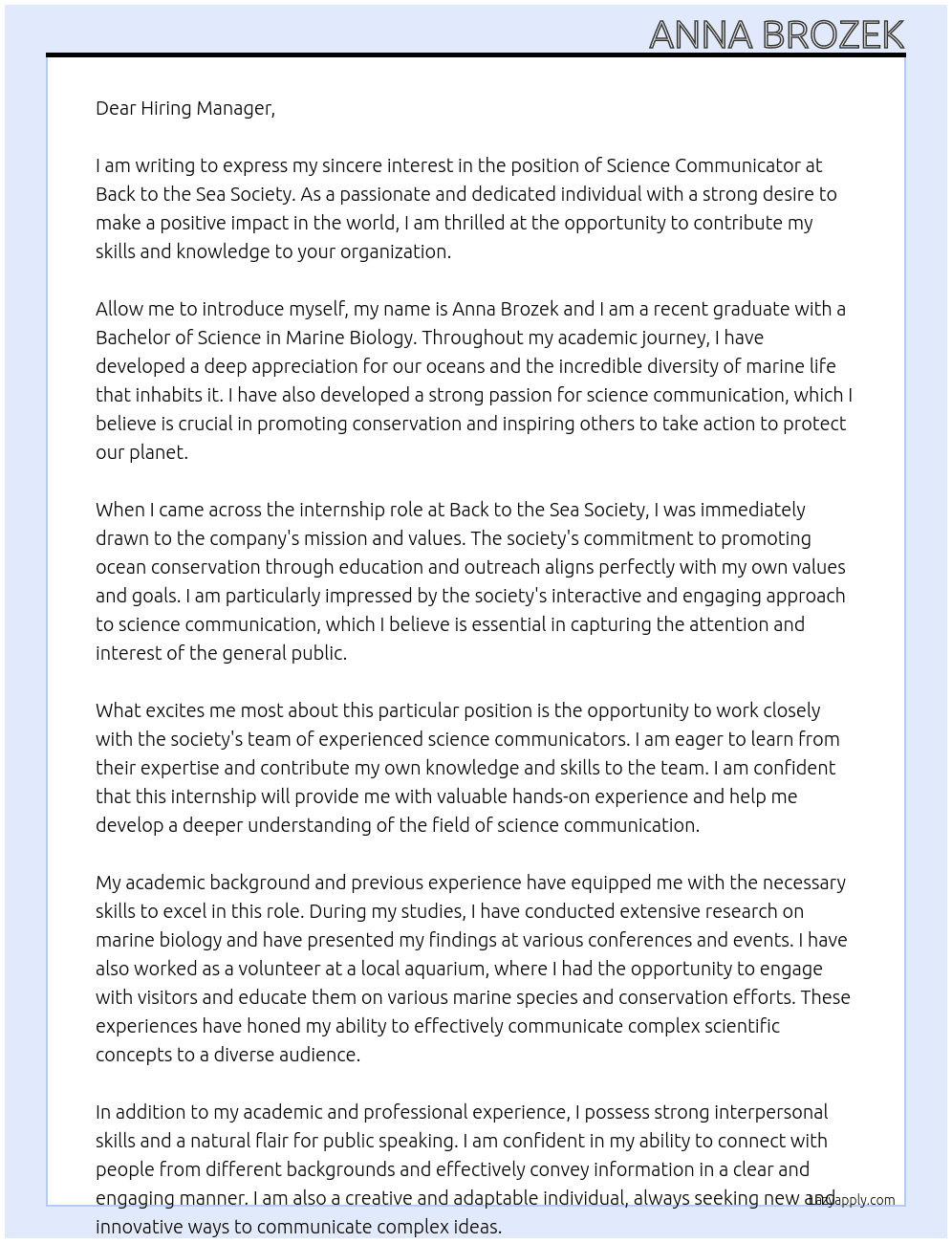Science Communicator At Back to the Sea Society Cover Letter