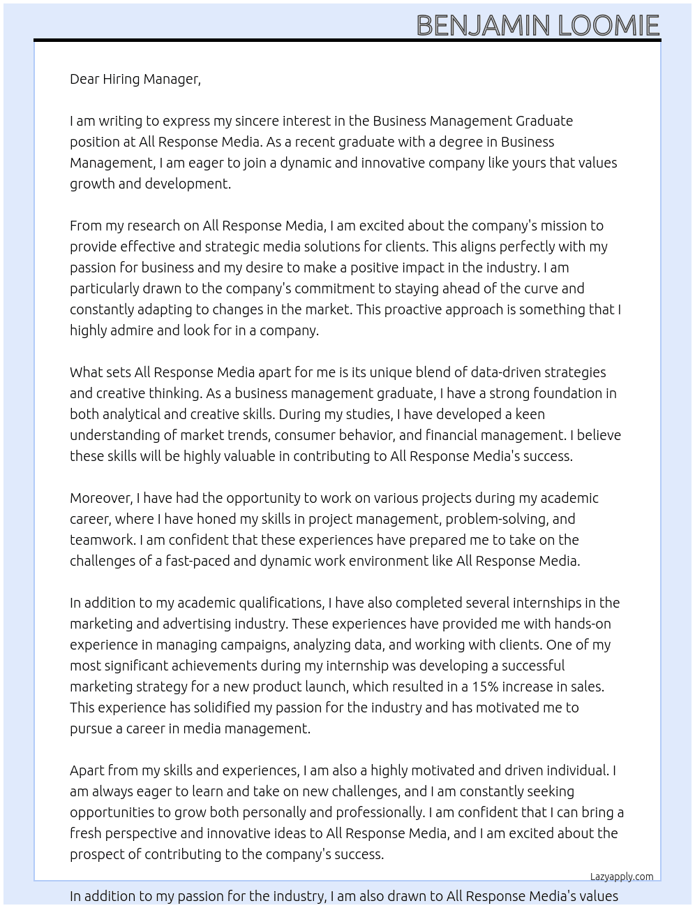 Business Management Graduate At All Response Media Cover Letter