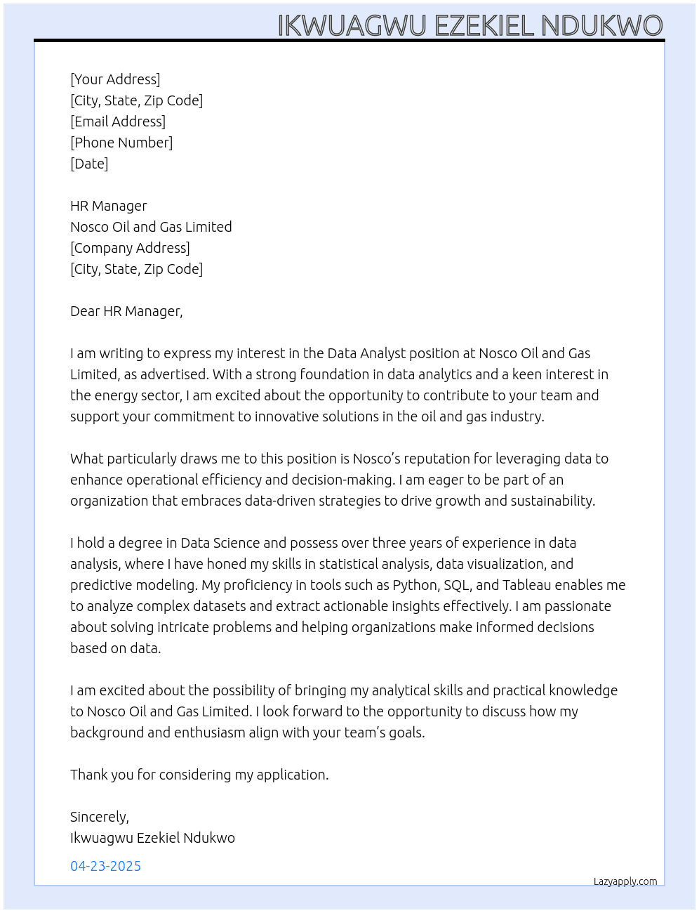 Data analyst  At Nosco Oil and Gas Limited  Cover Letter
