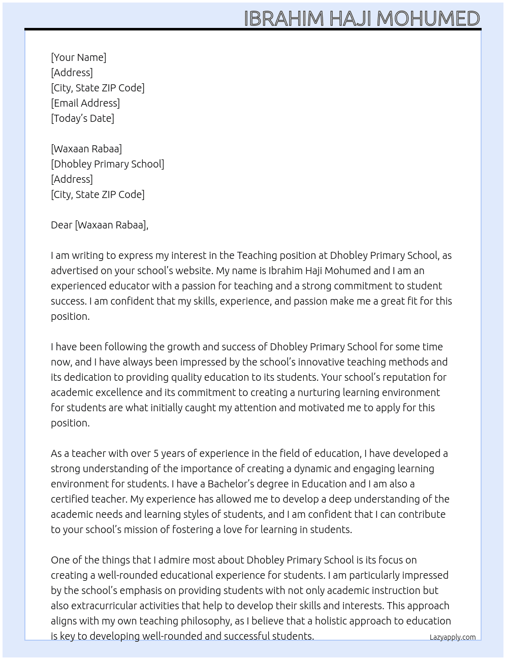 Teaching  At Dhobley Primary School  Cover Letter