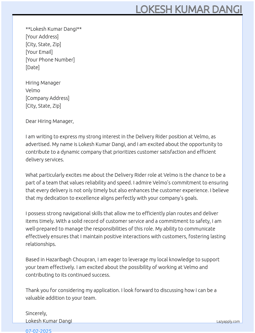 Delivery Redar At Velmo Cover Letter