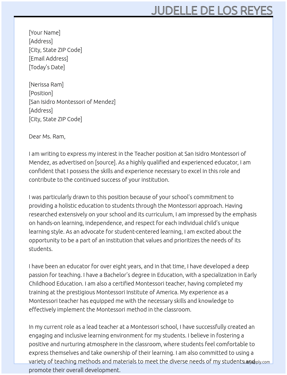 Teacher At San Isidro Montessori of Mendez Cover Letter