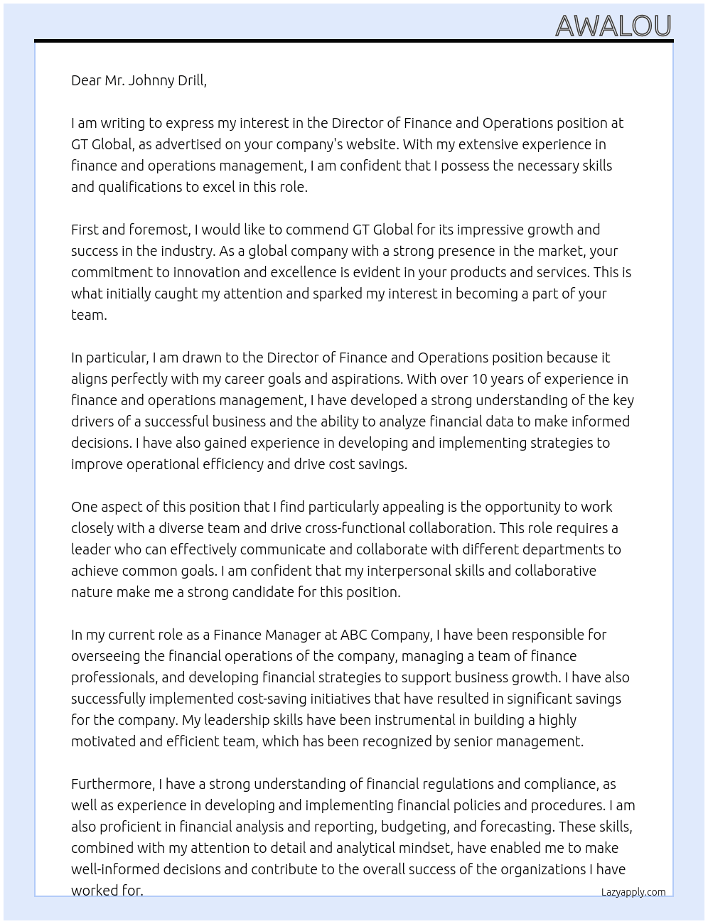 Director of Finance and Operations At GT GLobal Cover Letter