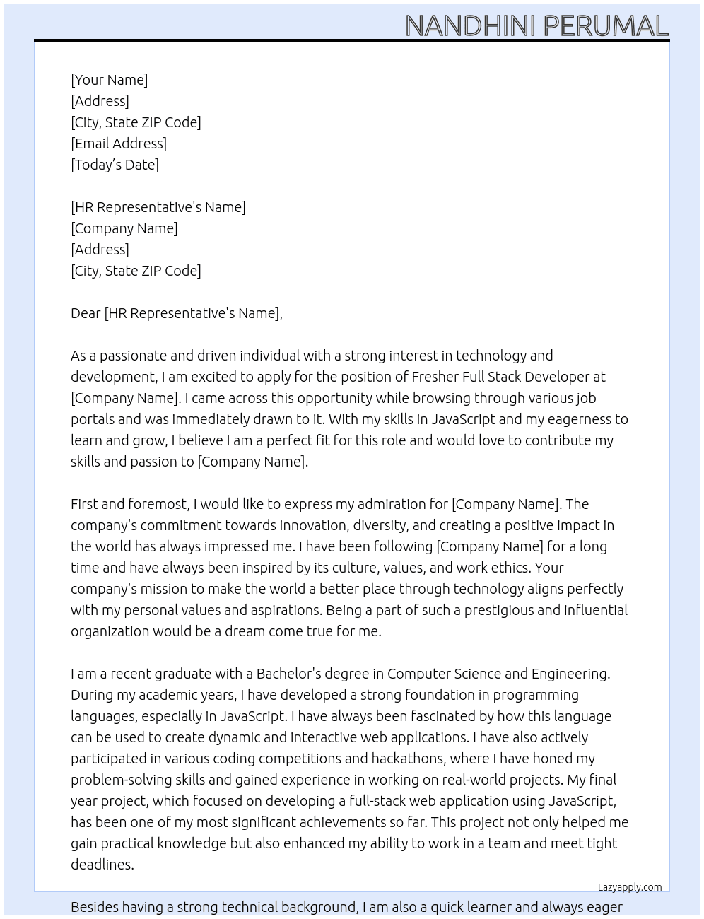  fresher full stack developer At google,microsoft,amazon Cover Letter