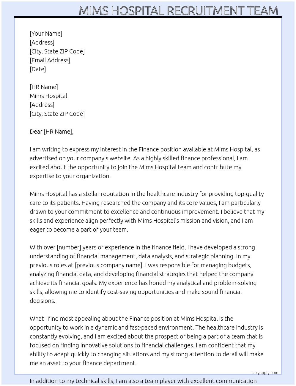 Finance  At Mims hospital  Cover Letter