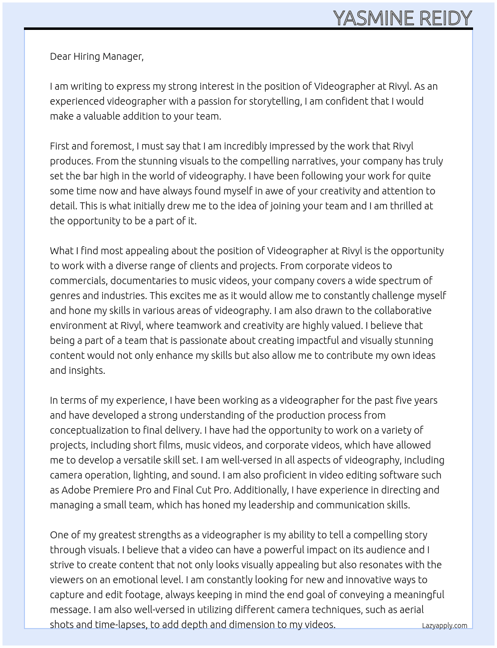 Videographer  At Rivyl Cover Letter