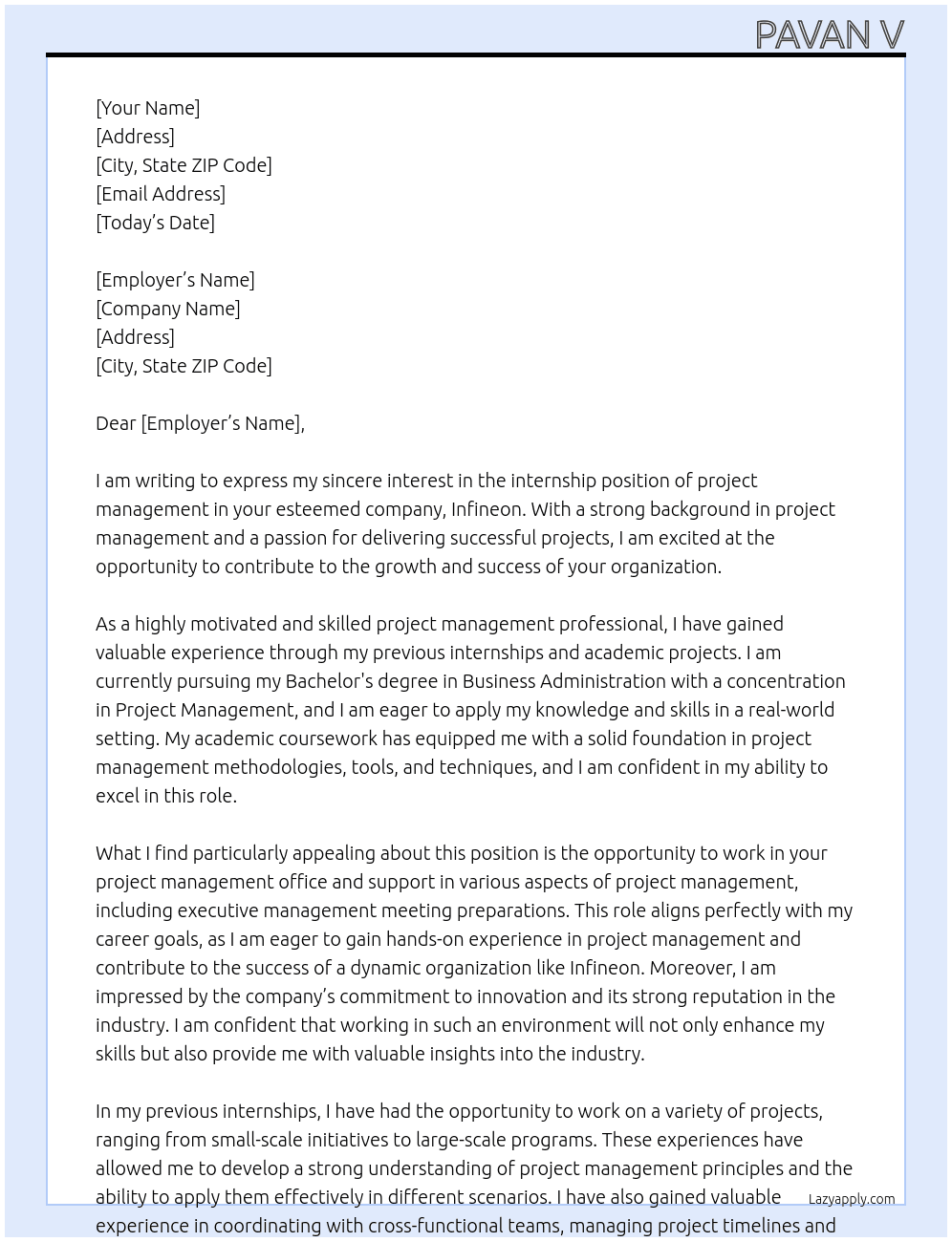 intership At infineon Cover Letter