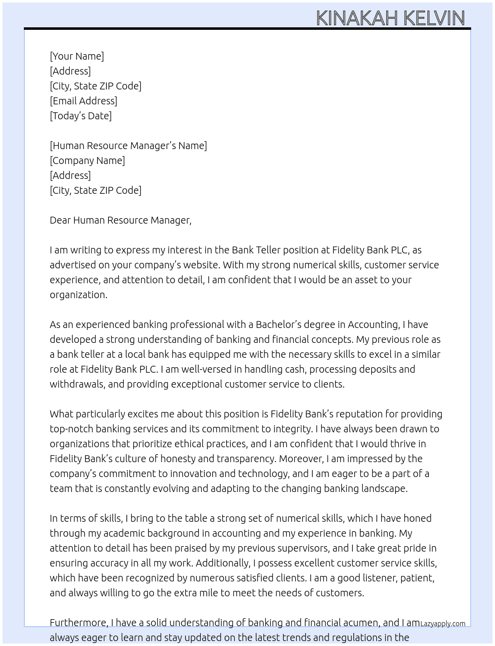 Bank Teller  At Fidelity Bank Bank PLC  Cover Letter