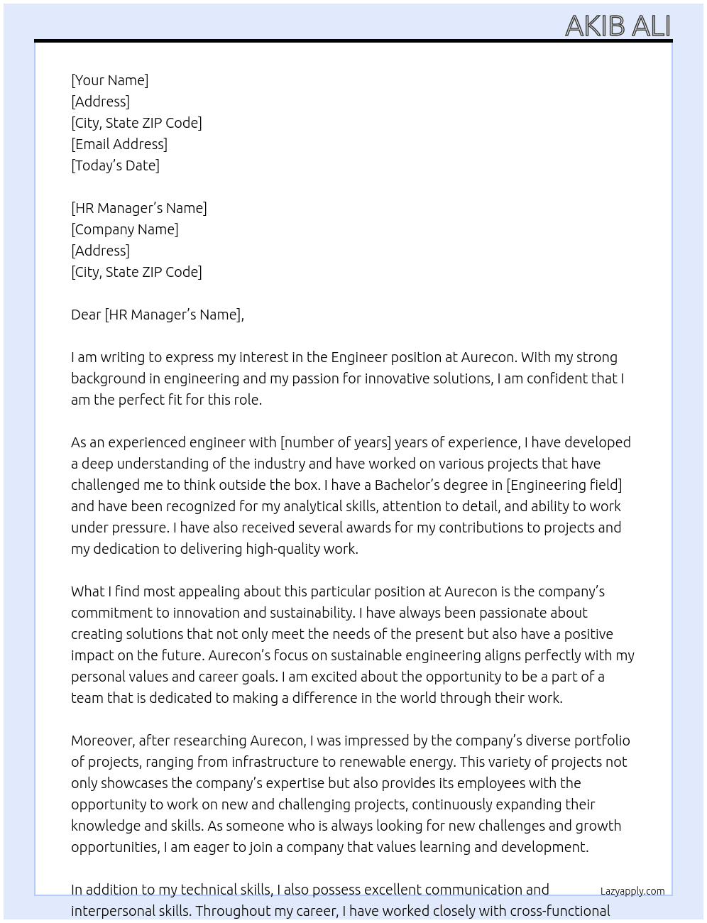 Engineer At Aurecon Cover Letter