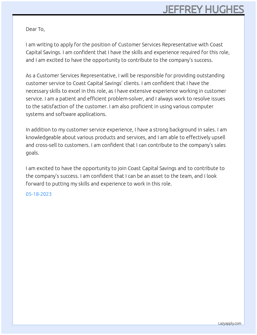 Customer Services Representative At Coast Capital Savings Cover Letter
