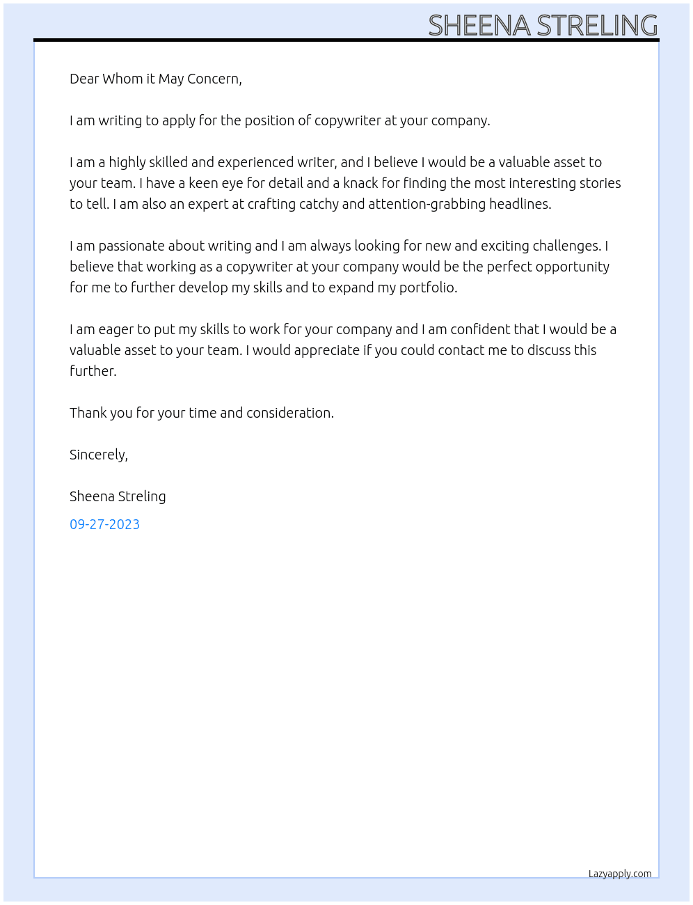 copywriter At your company Cover Letter