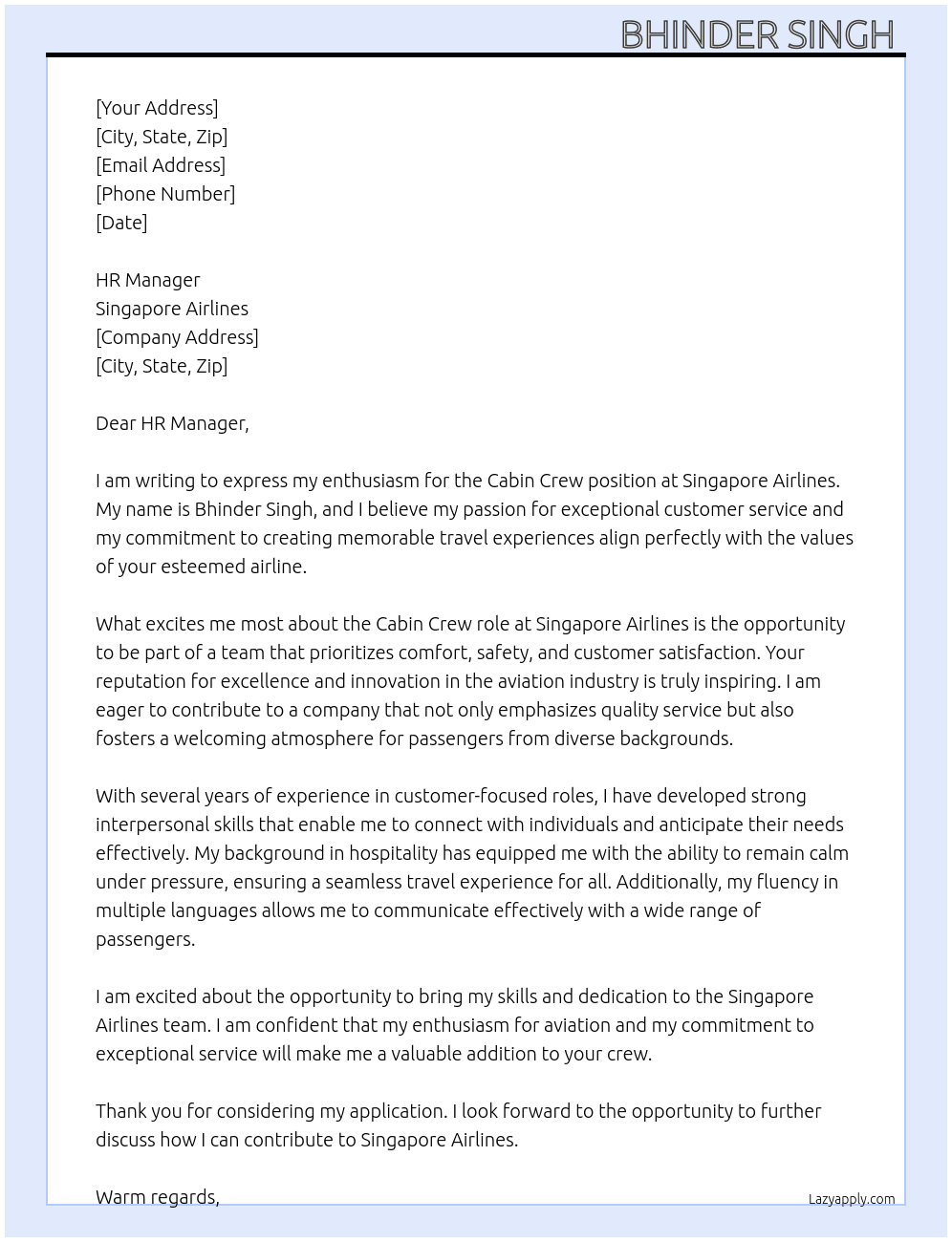 Cabin crew  At Singapore airlines  Cover Letter