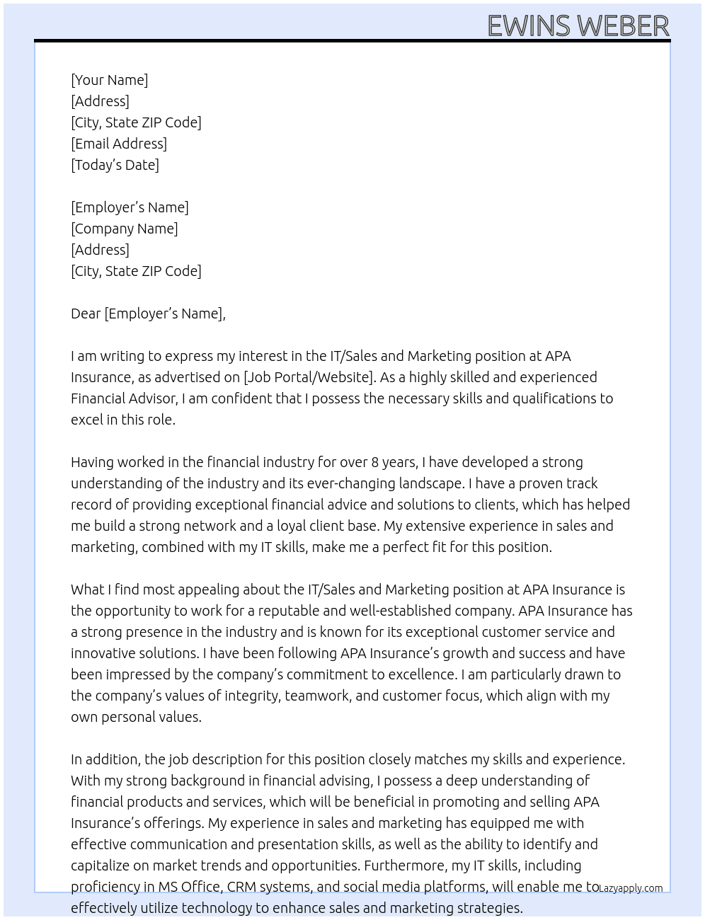 IT/Sales and Marketing  At APA Insurance Cover Letter