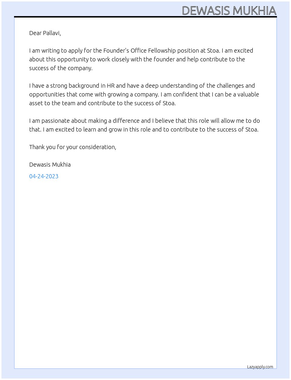 Founder's Office Fellowship  At Stoa Cover Letter
