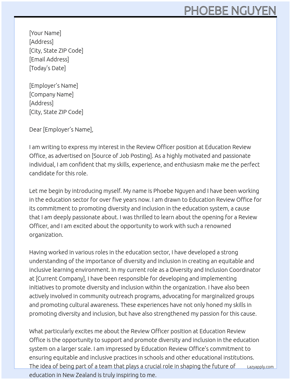 Review Officer At Education Review Office Cover Letter