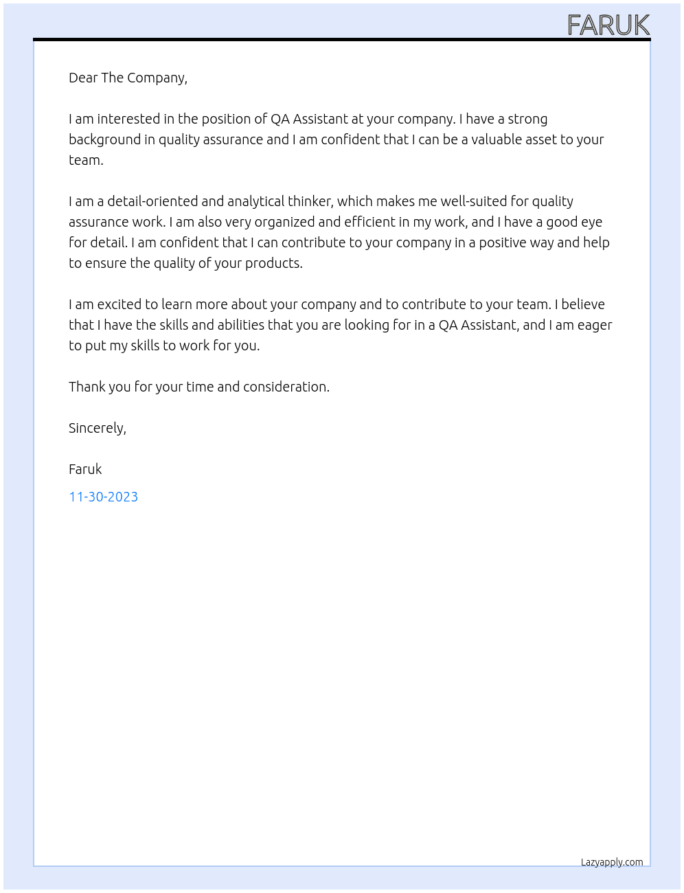 QA Assistant  At Packaging  Cover Letter